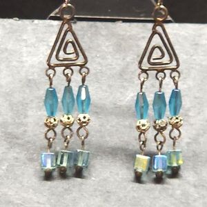 Vintage Boho Chandelier Earrings Blue Iridescent AB Beads Spiral Triangle Dangle